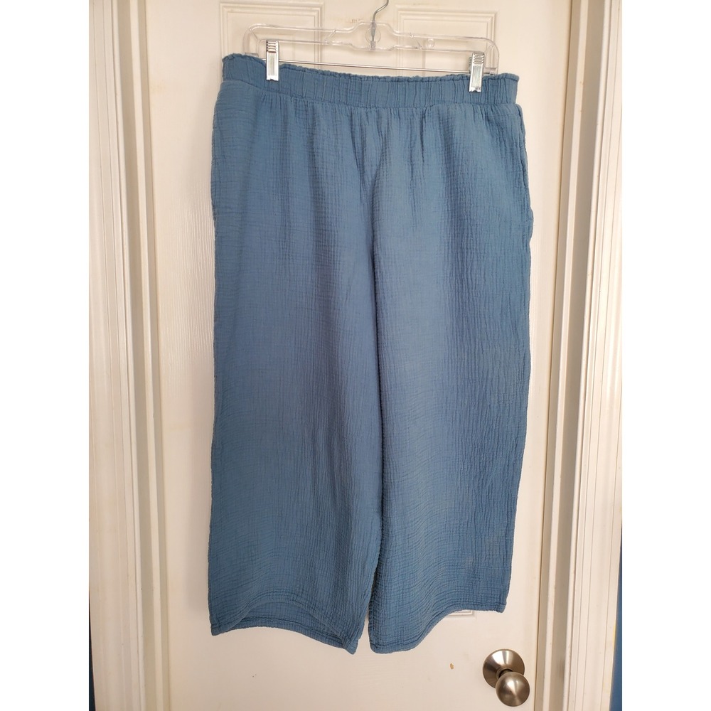 Gauze Wide Leg Crop Pants Blue Elastic Waist Casual Beach Boho Large